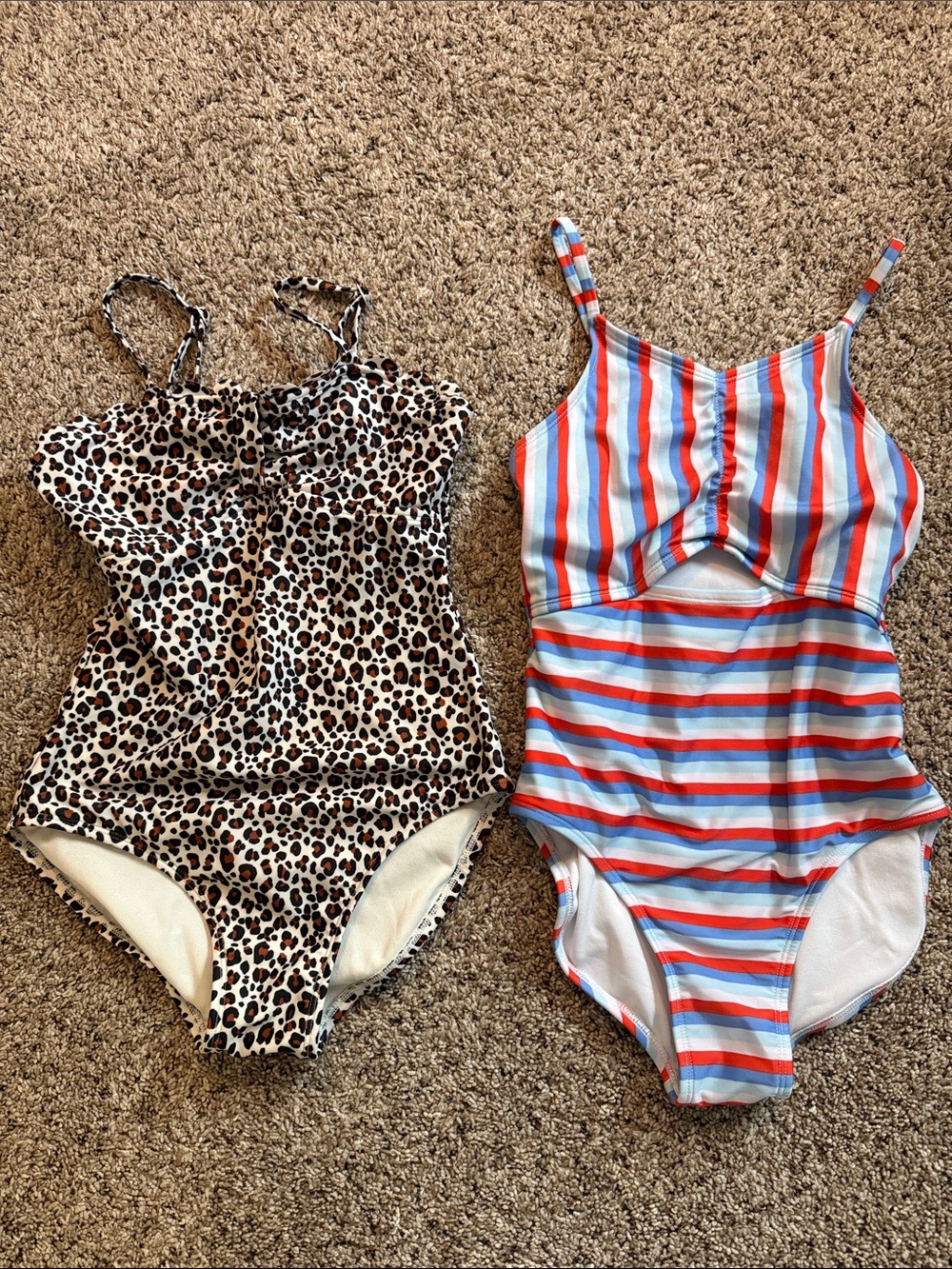 2 suits: Cat & Jack One-Piece Swimsuits - Blue, Red, White / leopard